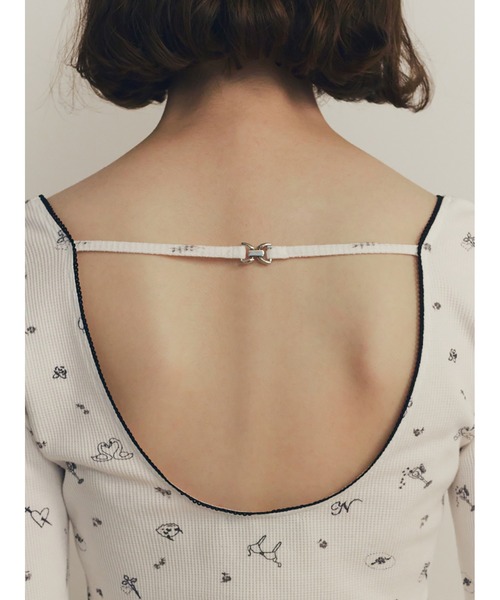 セール】Tattoo Print U Neck Waffle Top（Tシャツ/カットソー