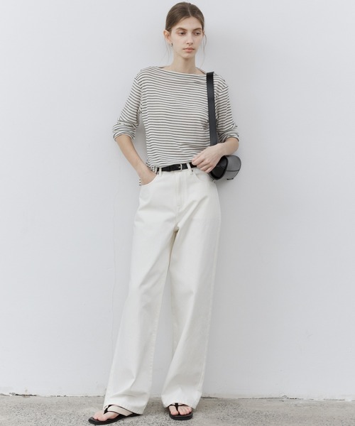 tageechita（タジチタ）の「【tageechita】ウールブレンドベーシック ボートネック Tシャツ（Tシャツ/カットソー・レディース・グレイッシュベージュ/グレー/ブラック×ホワイト・S/M/L）」の6枚目の写真