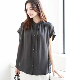 バンドカラーサテンブラウス/接触冷感/洗える