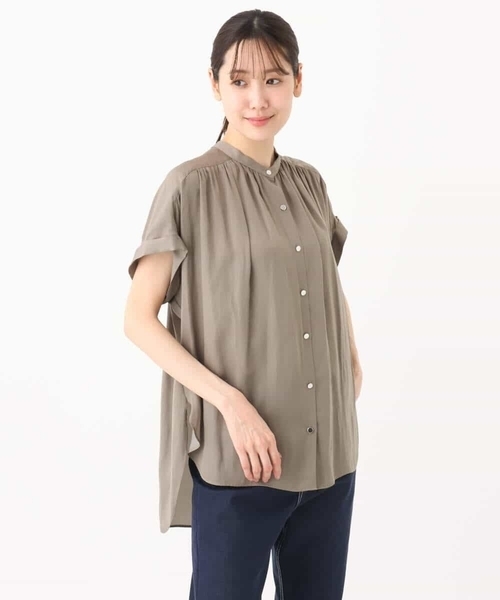 ブラウス シャツ 「洗える」サテン バンドカラーシャツ レディース UNFILO ブラウス シャツ 「洗える」サテン バンドカラーシャツ