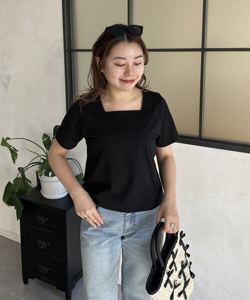 prose verse（プロズヴェール）の「【MOMO】接触冷感スクエアネックTシャツ（Tシャツ/カットソー・レディース・ブラック/オフホワイト・LARGE/MEDIUM）」の5枚目の写真