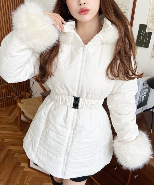 セール】ベルト付きフードファーダウンコート（ダウンジャケット