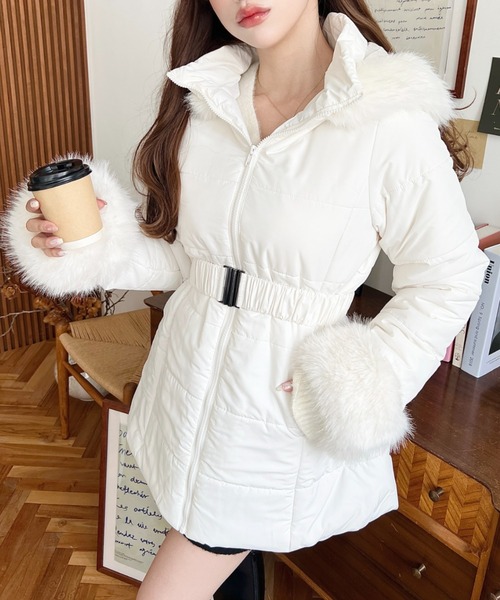 セール】ウェストベルト付きフードファーダウンコート（ダウン