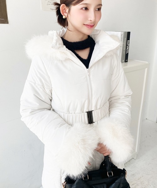 セール】ベルト付きフードファーダウンコート（ダウンジャケット