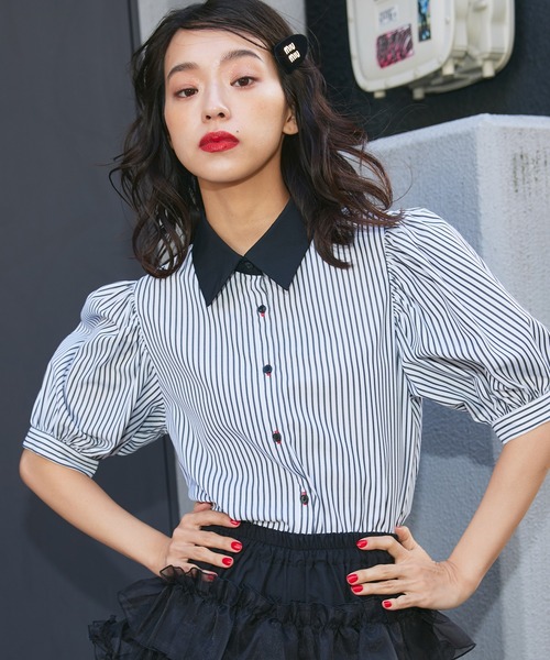 Narcissus（ナルシス）の「【Narcissus】ストライプパフブラウス（シャツ/ブラウス・レディース・ブルー/ホワイト・FREE）」の2枚目の写真