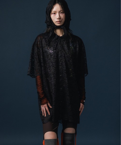 NON TOKYO(ノントーキョー)の「LACE HALF SLEEVE SHIRT & LACE SCARF(Tシャツ/カットソー・レディース・ブラック/ホワイト×グリーン/チェック・FREE)」の1枚目の写真