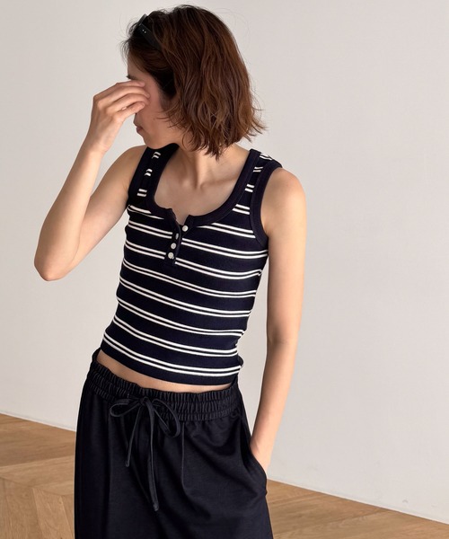 CANAL JEAN（キャナルジーン）の「El mar　ボーダーヘンリータンクトップ（タンクトップ・レディース・ネイビー/ベージュ・ONE SIZE）」の2枚目の写真