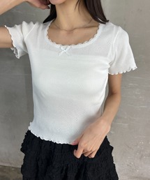 配色レースパイピング フロントリボン 透かし編 ショート丈 半袖メロー使いトップス