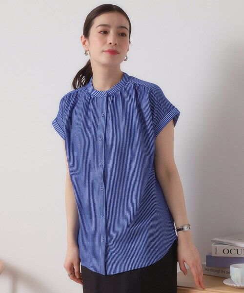 ITS'DEMO（イッツデモ）の「【洗濯機OK／洗濯後しわになりにくい】カットサッカー前開きプルオーバー（シャツ/ブラウス・レディース・ネイビー/ベージュ/オフホワイト/サックスブルー・00）」の4枚目の写真