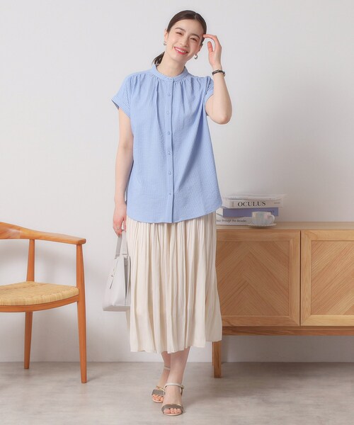 ITS'DEMO（イッツデモ）の「【洗濯機OK／洗濯後しわになりにくい】カットサッカー前開きプルオーバー（シャツ/ブラウス・レディース・ネイビー/ベージュ/オフホワイト/サックスブルー・00）」の16枚目の写真