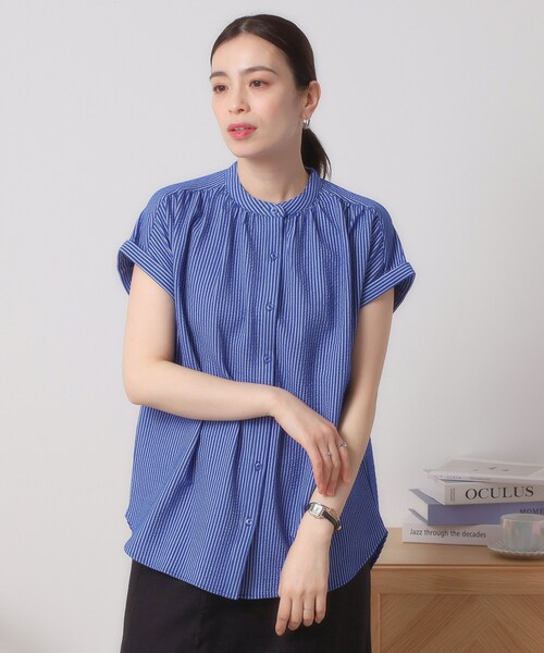 ITS'DEMO（イッツデモ）の「【洗濯機OK／洗濯後しわになりにくい】カットサッカー前開きプルオーバー（シャツ/ブラウス・レディース・ネイビー/ベージュ/オフホワイト/サックスブルー・00）」の14枚目の写真