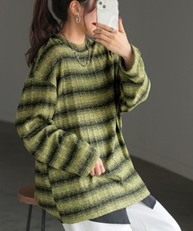 BoTT カーキ・ピンクストライプ ニットセーター ZARA ザラ ざっくり編み ニット セーター ボーダー 長袖 丸首