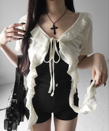 me+em select(~[ZNg)́y Qcolor z_[WtV[g{J[fBK ^  damage frill short sleeve short ribbon cardigan(J[fBK/{)