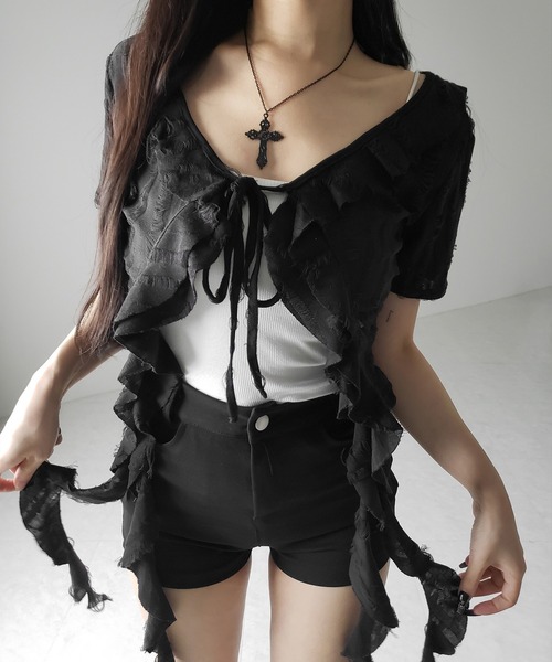 2color 】ダメージフリル半袖ショートリボンカーディガン ／ damage