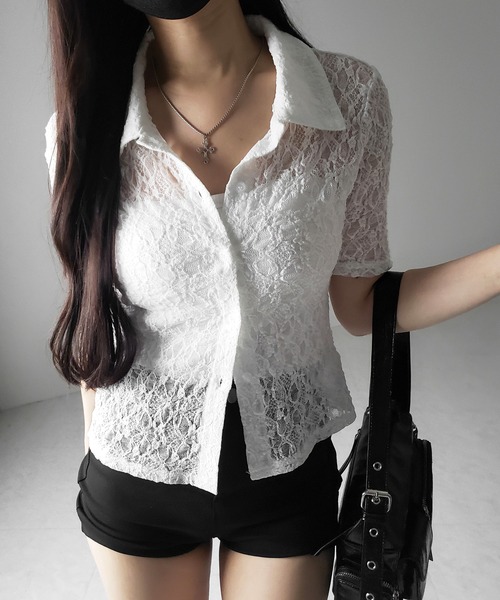 me+em select（ミームセレクト）の「※※【 ２color 】コンパクトワンホンストレッチレースシャツ ／ compact wanghong stretch lace shirts（シャツ/ブラウス・レディース・ブラック/ホワイト・FREE）」の2枚目の写真