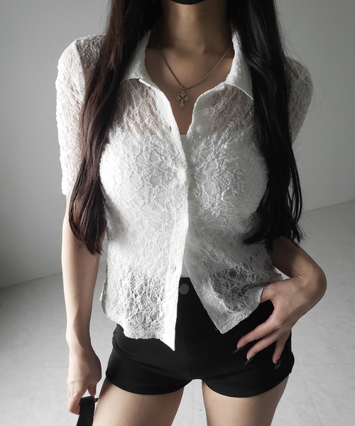 me+em select（ミームセレクト）の「※※【 ２color 】コンパクトワンホンストレッチレースシャツ ／ compact wanghong stretch lace shirts（シャツ/ブラウス・レディース・ブラック/ホワイト・FREE）」の7枚目の写真