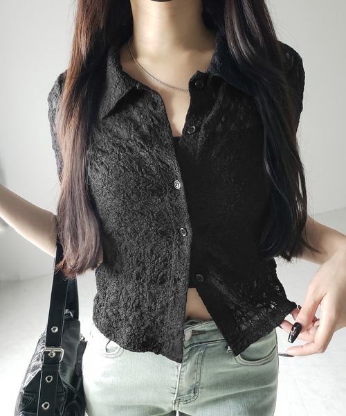me+em select（ミームセレクト）の「※※【 ２color 】コンパクトワンホンストレッチレースシャツ ／ compact wanghong stretch lace shirts（シャツ/ブラウス・レディース・ブラック/ホワイト・FREE）」の4枚目の写真