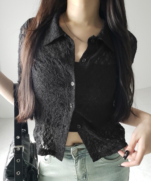 me+em select（ミームセレクト）の「※※【 ２color 】コンパクトワンホンストレッチレースシャツ ／ compact wanghong stretch lace shirts（シャツ/ブラウス・レディース・ブラック/ホワイト・FREE）」の3枚目の写真