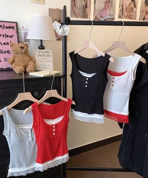 HALEY PESCA（ヘーリーペスカ）の「HALEY PESCA/カップ付き　バイカラー　レイヤードレースタンクトップ（タンクトップ・レディース・ブラック/ホワイト/グレー/レッド・FREE）」の6枚目の写真