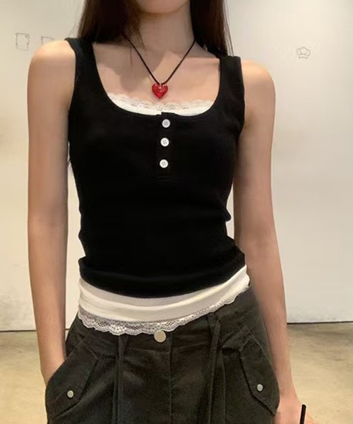 HALEY PESCA（ヘーリーペスカ）の「HALEY PESCA/カップ付き　バイカラー　レイヤードレースタンクトップ（タンクトップ・レディース・ブラック/ホワイト/グレー/レッド・FREE）」の9枚目の写真