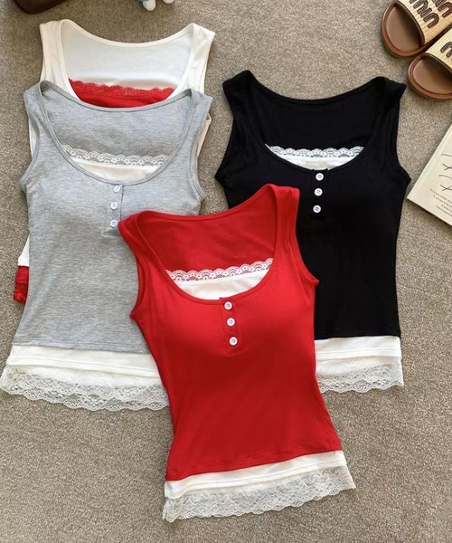 HALEY PESCA（ヘーリーペスカ）の「HALEY PESCA/カップ付き　バイカラー　レイヤードレースタンクトップ（タンクトップ・レディース・ブラック/ホワイト/グレー/レッド・FREE）」の13枚目の写真