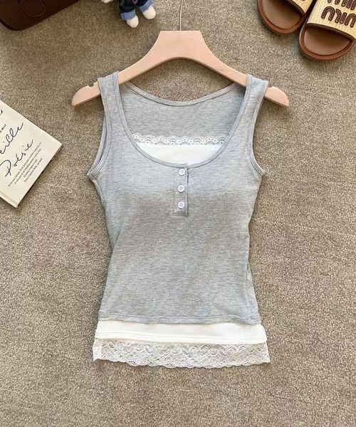 HALEY PESCA（ヘーリーペスカ）の「HALEY PESCA/カップ付き　バイカラー　レイヤードレースタンクトップ（タンクトップ・レディース・ブラック/ホワイト/グレー/レッド・FREE）」の18枚目の写真