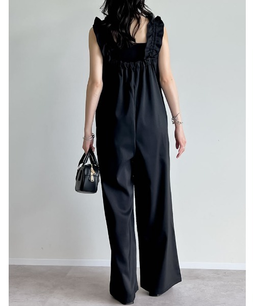 【新品・タグ付き】かぐれ　リネンサロペット　BLACK リネンハーフスリーブオールインワン （サロペット