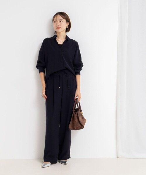 タグ付き未新品ウォッシャブルダブルクロスサテンイージーワイドパンツネイビー 38 セール】《セットアップ対応》ウォッシャブルダブルクロスサテン