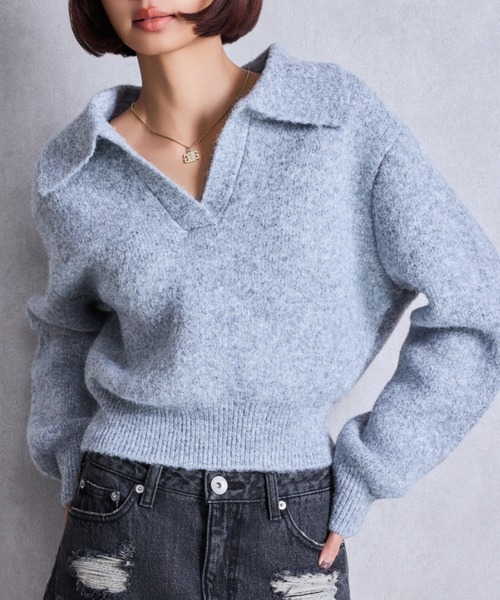 GYDA(ジェイダ)の「ポロ襟スキッパーニットトップス(ニット/セーター・レディース・グレー/パープル/その他1/その他2・FREE)」の2枚目の写真