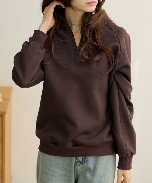 Lace Ladies(レースレディース)の「ソリッドカラー ハーフジップ スタンドカラー 長袖 プルオーバー(スウェット・レディース・ダークグレー/ネイビー/ライトグレー/ブラウン/ブラック・FREE/S)」の4枚目の写真