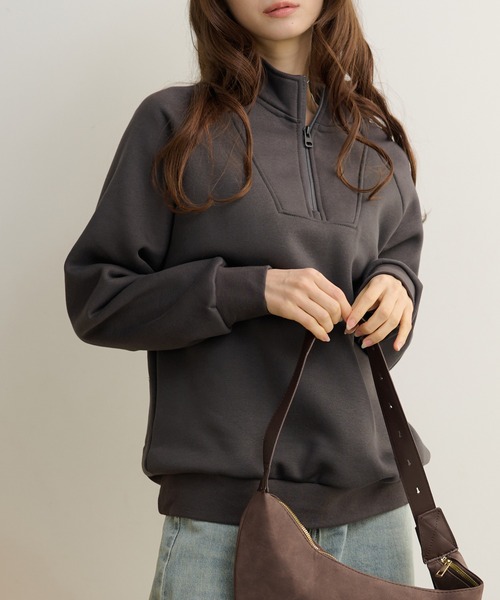 Lace Ladies(レースレディース)の「ソリッドカラー ハーフジップ スタンドカラー 長袖 プルオーバー(スウェット・レディース・ダークグレー/ネイビー/ライトグレー/ブラウン/ブラック・FREE/S)」の3枚目の写真