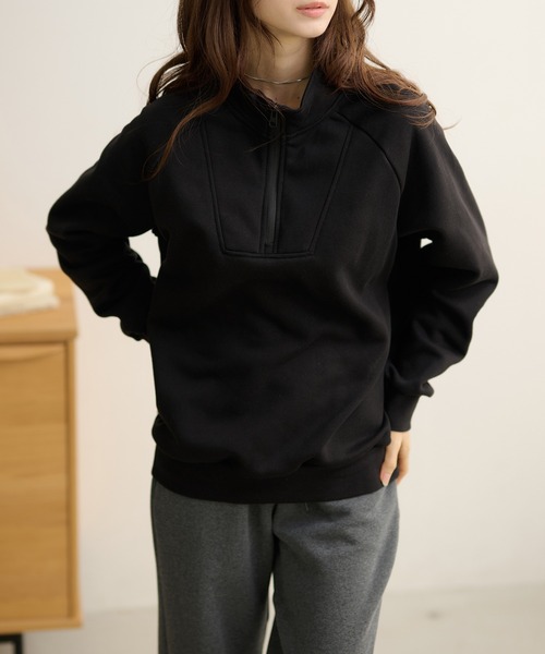 Lace Ladies(レースレディース)の「ソリッドカラー ハーフジップ スタンドカラー 長袖 プルオーバー(スウェット・レディース・ダークグレー/ネイビー/ライトグレー/ブラウン/ブラック・FREE/S)」の1枚目の写真