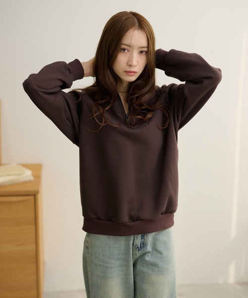 Lace Ladies(レースレディース)の「ソリッドカラー ハーフジップ スタンドカラー 長袖 プルオーバー(スウェット・レディース・ダークグレー/ネイビー/ライトグレー/ブラウン/ブラック・FREE/S)」の13枚目の写真