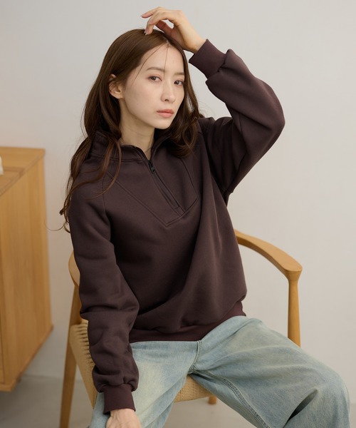 Lace Ladies(レースレディース)の「ソリッドカラー ハーフジップ スタンドカラー 長袖 プルオーバー(スウェット・レディース・ダークグレー/ネイビー/ライトグレー/ブラウン/ブラック・FREE/S)」の15枚目の写真