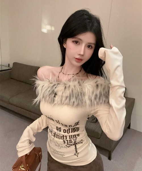 セール】ボリューム ファー オフショルダーギャル グランジ Y2K ロンT