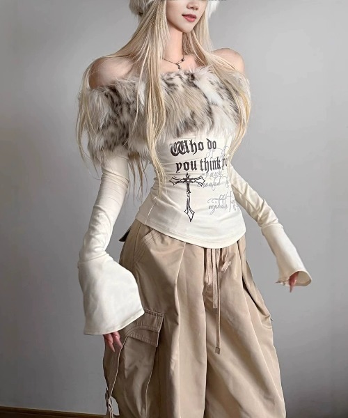 セール】ボリューム ファー オフショルダーギャル グランジ Y2K ロンT