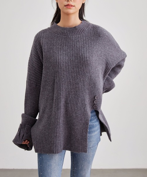 Lace Ladies(レースレディース)の「モックネック スリット リブ ニット プルオーバー(ニット/セーター・レディース・グレー/ブラック/アイボリー・FREE)」の3枚目の写真