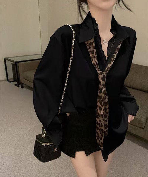 gossip!ロサンゼルス(ゴシップロサンゼルス)の「レオパード柄ネクタイ付き レース V ルーズシャツ ウエストドローコード長袖シャツ2 点セット(Tシャツ/カットソー・レディース・ブラック/ホワイト・M)」の7枚目の写真