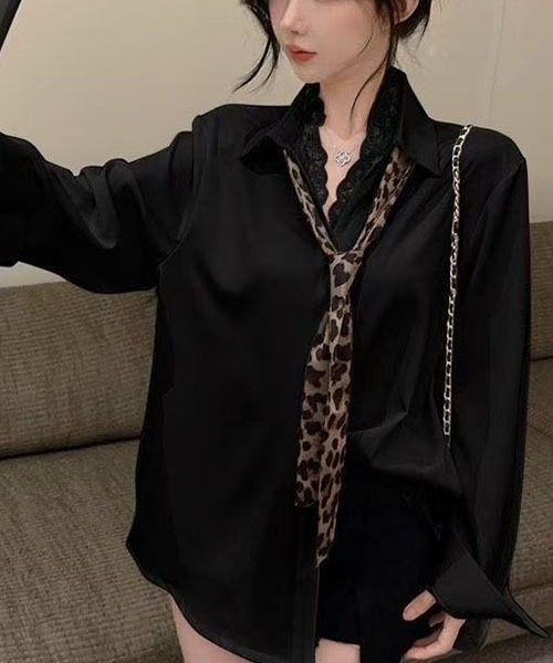 gossip!ロサンゼルス(ゴシップロサンゼルス)の「レオパード柄ネクタイ付き レース V ルーズシャツ ウエストドローコード長袖シャツ2 点セット(Tシャツ/カットソー・レディース・ブラック/ホワイト・M)」の6枚目の写真
