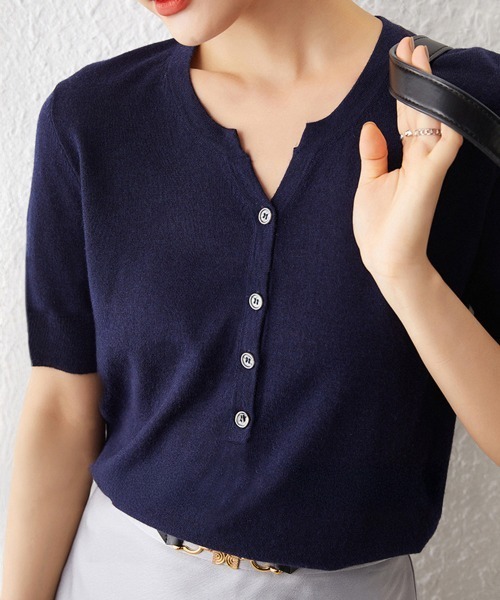 Miniministore（ミニミニストア）の「ニットトップス 半袖Vネックサマーニット（ニット/セーター・レディース・ネイビー/モカ・FREE）」の2枚目の写真