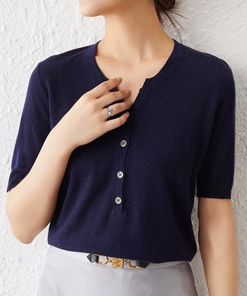 Miniministore（ミニミニストア）の「ニットトップス 半袖Vネックサマーニット（ニット/セーター・レディース・ネイビー/モカ・FREE）」の4枚目の写真