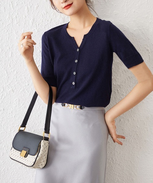 Miniministore（ミニミニストア）の「ニットトップス 半袖Vネックサマーニット（ニット/セーター・レディース・ネイビー/モカ・FREE）」の3枚目の写真