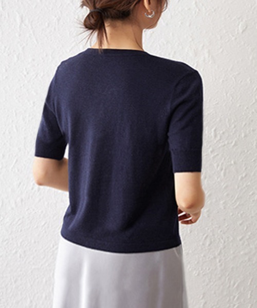 Miniministore（ミニミニストア）の「ニットトップス 半袖Vネックサマーニット（ニット/セーター・レディース・ネイビー/モカ・FREE）」の6枚目の写真