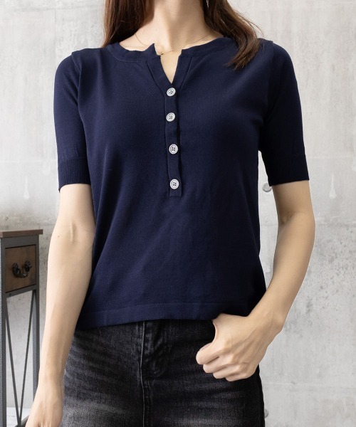 Miniministore（ミニミニストア）の「ニットトップス 半袖Vネックサマーニット（ニット/セーター・レディース・ネイビー/モカ・FREE）」の9枚目の写真