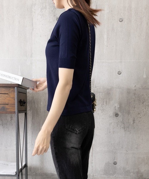 Miniministore（ミニミニストア）の「ニットトップス 半袖Vネックサマーニット（ニット/セーター・レディース・ネイビー/モカ・FREE）」の12枚目の写真