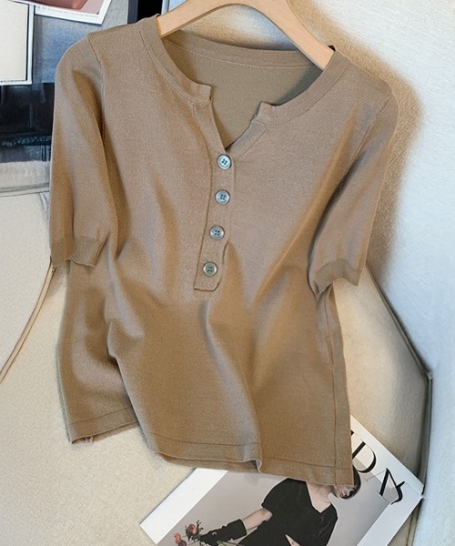 Miniministore（ミニミニストア）の「ニットトップス 半袖Vネックサマーニット（ニット/セーター・レディース・ネイビー/モカ・FREE）」の20枚目の写真