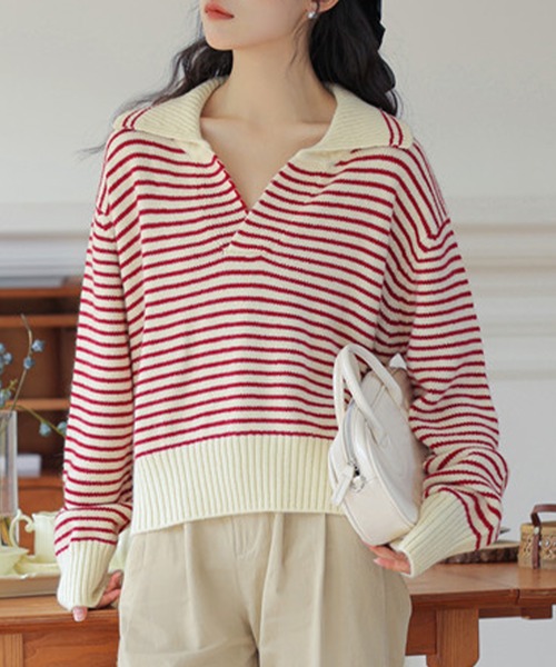 DAY CLOSET（デイ クローゼット）の「【小顔魅せ大きめ襟×Vネック/華奢魅せリブ編み】長袖ボーダー柄スキッパージャガードニットトップス（ニット/セーター・レディース・レッド/ホワイト/ブラック・FREE）」の3枚目の写真