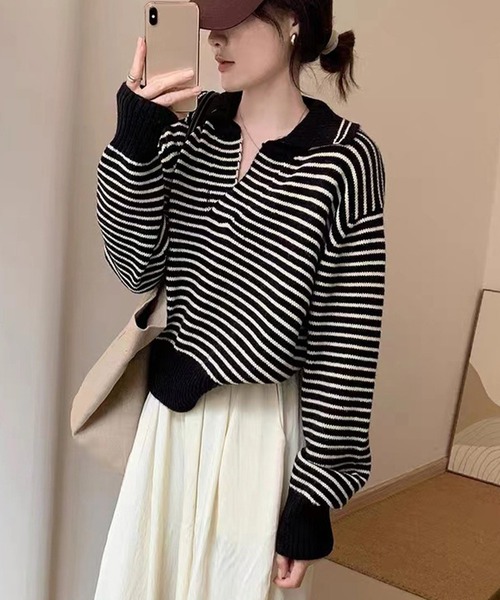 DAY CLOSET（デイ クローゼット）の「【小顔魅せ大きめ襟×Vネック/華奢魅せリブ編み】長袖ボーダー柄スキッパージャガードニットトップス（ニット/セーター・レディース・レッド/ホワイト/ブラック・FREE）」の12枚目の写真