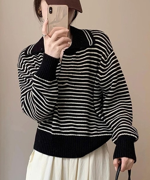 DAY CLOSET（デイ クローゼット）の「【小顔魅せ大きめ襟×Vネック/華奢魅せリブ編み】長袖ボーダー柄スキッパージャガードニットトップス（ニット/セーター・レディース・レッド/ホワイト/ブラック・FREE）」の13枚目の写真