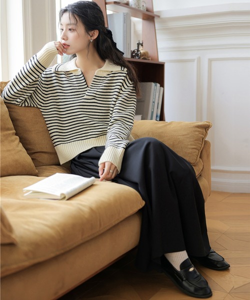 DAY CLOSET（デイ クローゼット）の「【小顔魅せ大きめ襟×Vネック/華奢魅せリブ編み】長袖ボーダー柄スキッパージャガードニットトップス（ニット/セーター・レディース・レッド/ホワイト/ブラック・FREE）」の11枚目の写真